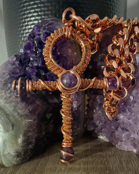 Large Amethyst Ankh Pendant (w/ Cuban Link Chain)