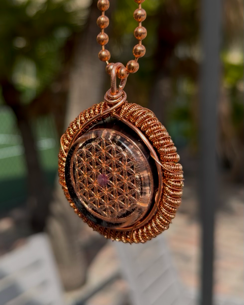 Amethyst + Black Obsidian Flower of Life Orgonite Amulet
