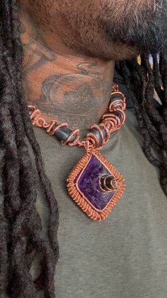 Amethyst + Shungite Orgonite Pyramid Amulet w/ Crystal Links