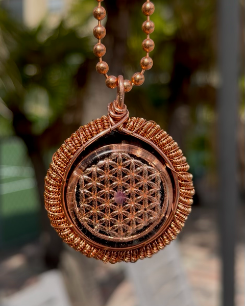 Amethyst + Black Obsidian Flower of Life Orgonite Amulet