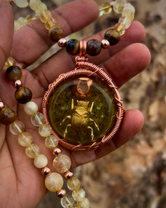 Peridot + Copper Orgonite Amulet on Citrine + Tiger Eye Beaded Necklace